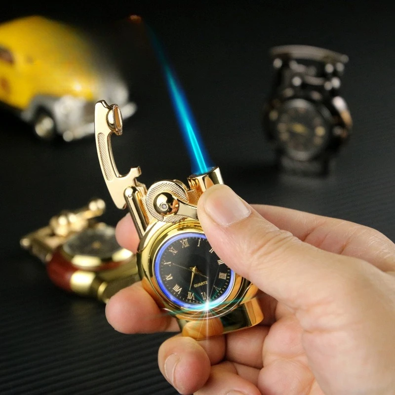 New Butane Lighter Inflatable Direct Flash Blue Fire Watch Rocker Lighter Cigarette Lighter Tool for Men