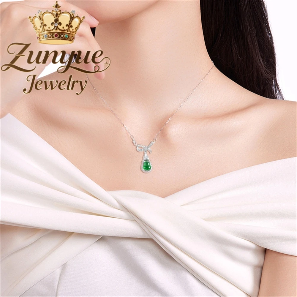High-End Natural A-Grade Jade Green Gourd Pendant S925 Silver Inlaid Ice-Type Jade Women's Fashionable Pendant Set Chain