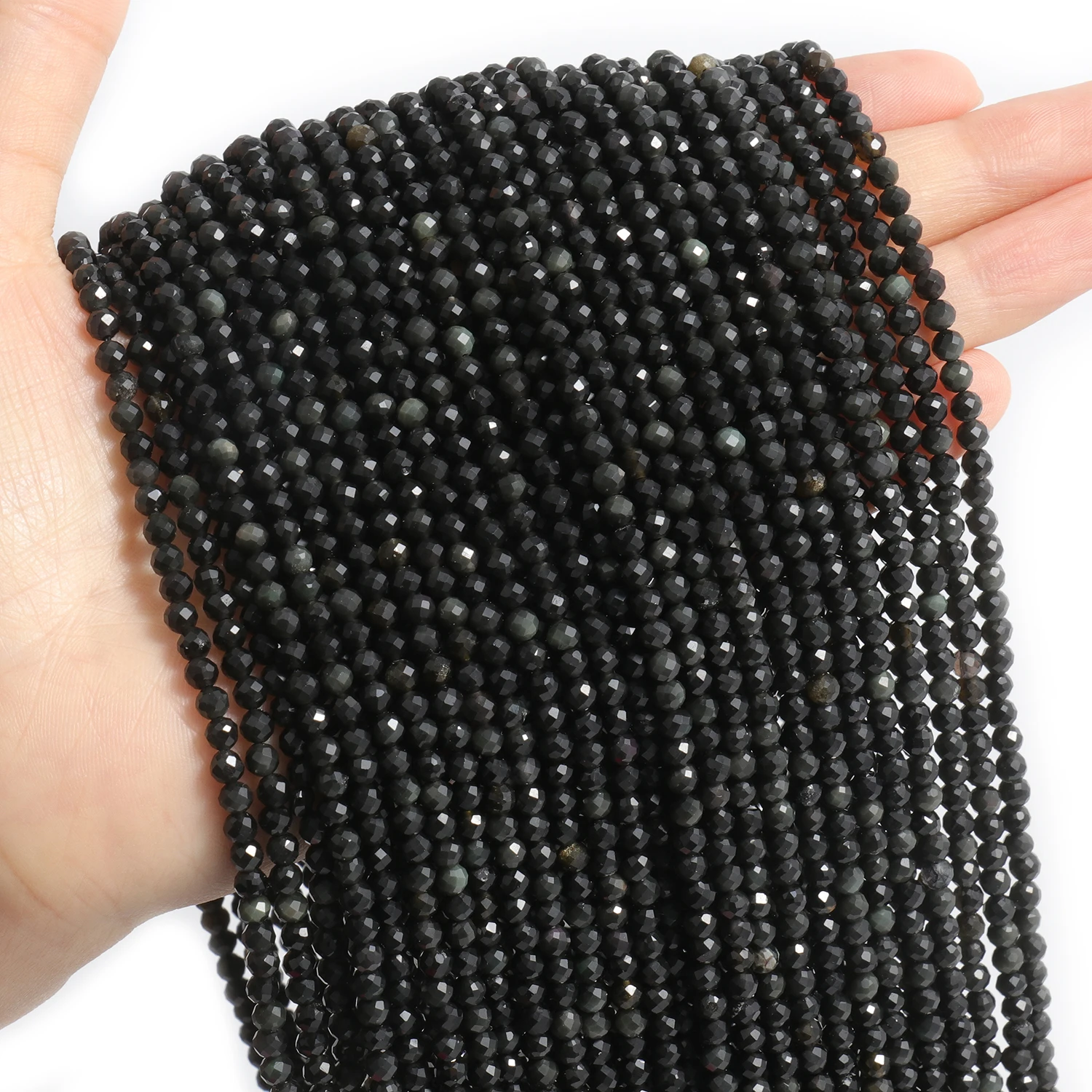 Großhandel Facettierte 2 3 4mm Naturstein Silberfarbene Obsidian-Perlen Runde Kleine Lose Perlen für Schmuckherstellung DIY Armbänder – Detail 5