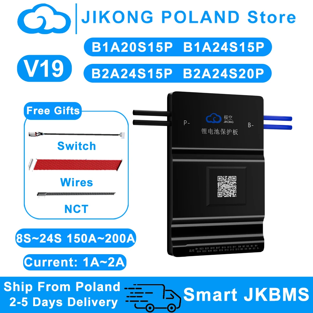 JIKONG V19 Smart BMS B2A24S20P 8S ~ 24S Supporto BT HEAT CAN 150A 200A Corrente 1A ~ 2A Bilanciatore attivo per batteria Li-ion LiFePo4 Lto