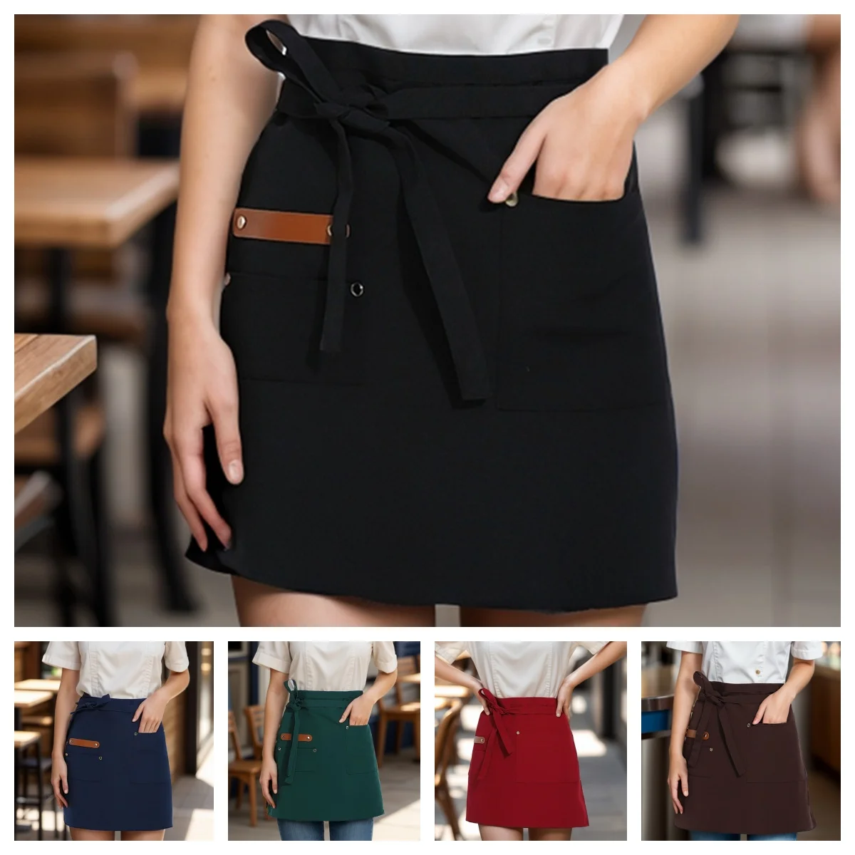 1-teilige Küchenschürze aus Segeltuch, Kellnerschürze für Damenrestaurants, mit verlängertem Bund und verstärkten Nähten, Halbschürze