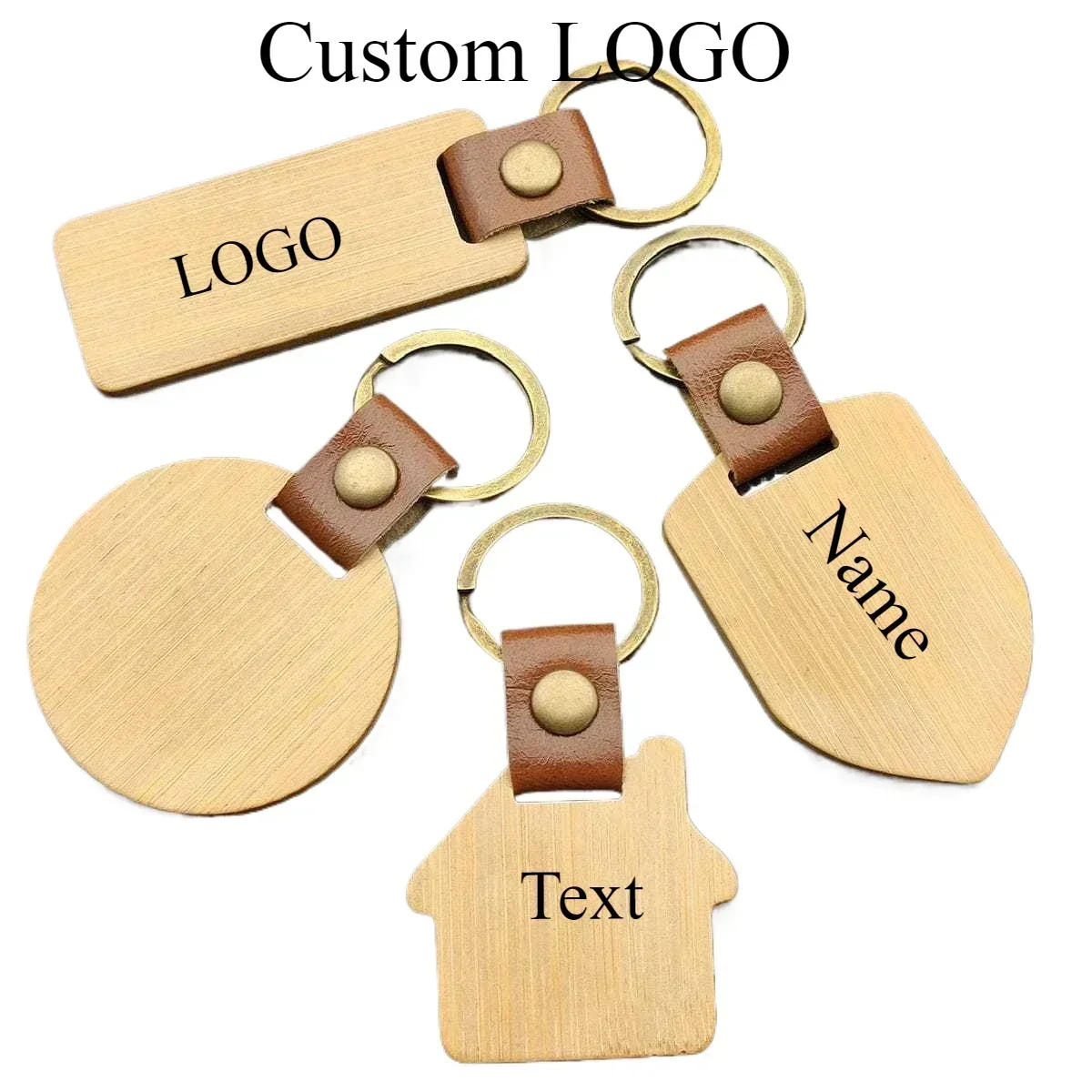 

Custom Logo Name Wood Leather Keychain Shield House Circle Rectangle Keyring Key Individualization Chain Ring Originality Gift