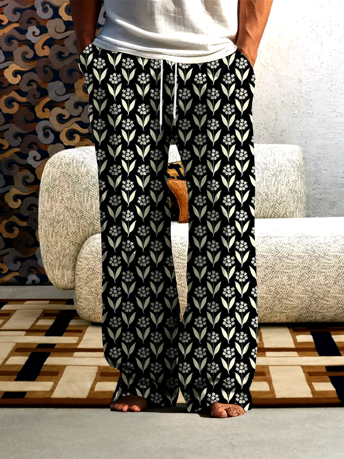 

3D digital printed white flower pattern on men's pants, fast drying and non fading comfortable men's casual pants