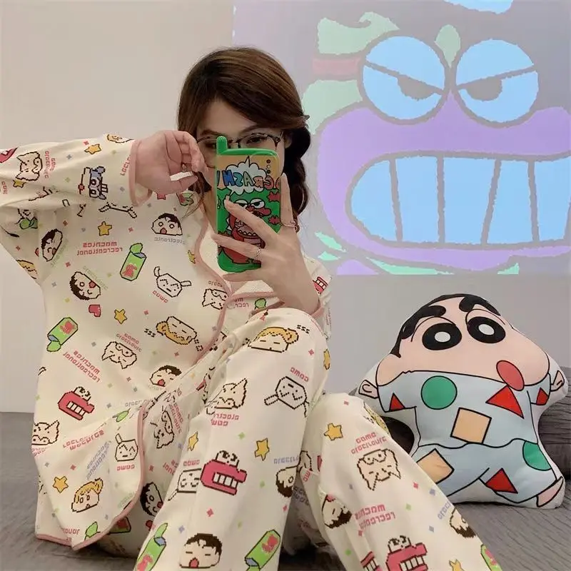 2026 Autumn Women's Home Clothing Nightwear Crayon Shin-Chan Long Sleeved Cartoon Pajamas Set Cute Sweet Student Loungewear