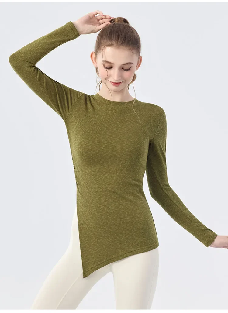 Herbst-Sport-Oberbekleidung, langärmelige Bluse, die das Gesäß bedeckt, für Damen, plissiert, mit Schlitz, lässiges Fitness-T-Shirt, Pilates-Yoga-Bekleidung – Detail 9