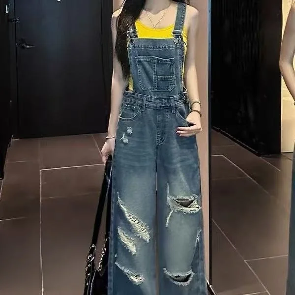 

Retro American Denim Overalls Women's Summer New Design Loose Workwear Wide Leg Pants High Waist Cotton Blend Blue Jeans