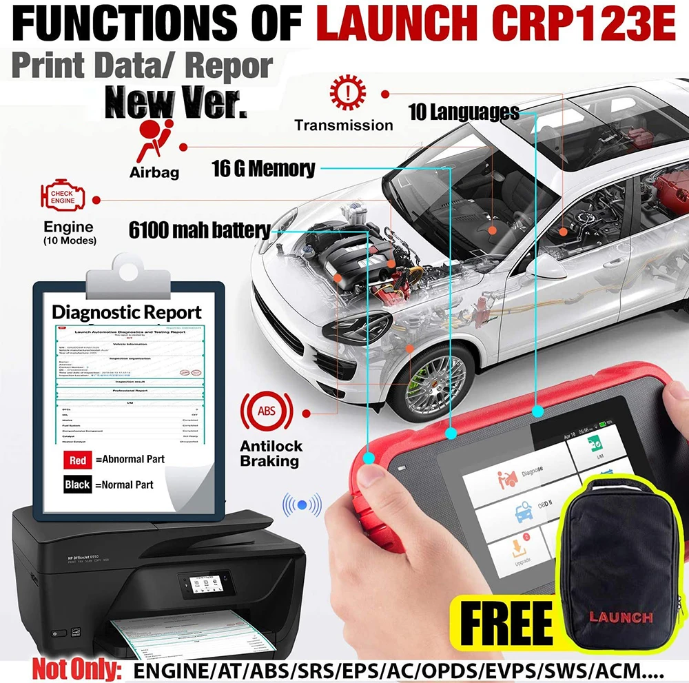 LAUNCH X431 CRP123E OBD2 Skaner samochodowy OBD OBDII Silnik ABS Poduszka powietrzna SRS Transmisja Samochodowe narzędzia diagnostyczne PK CRP123X