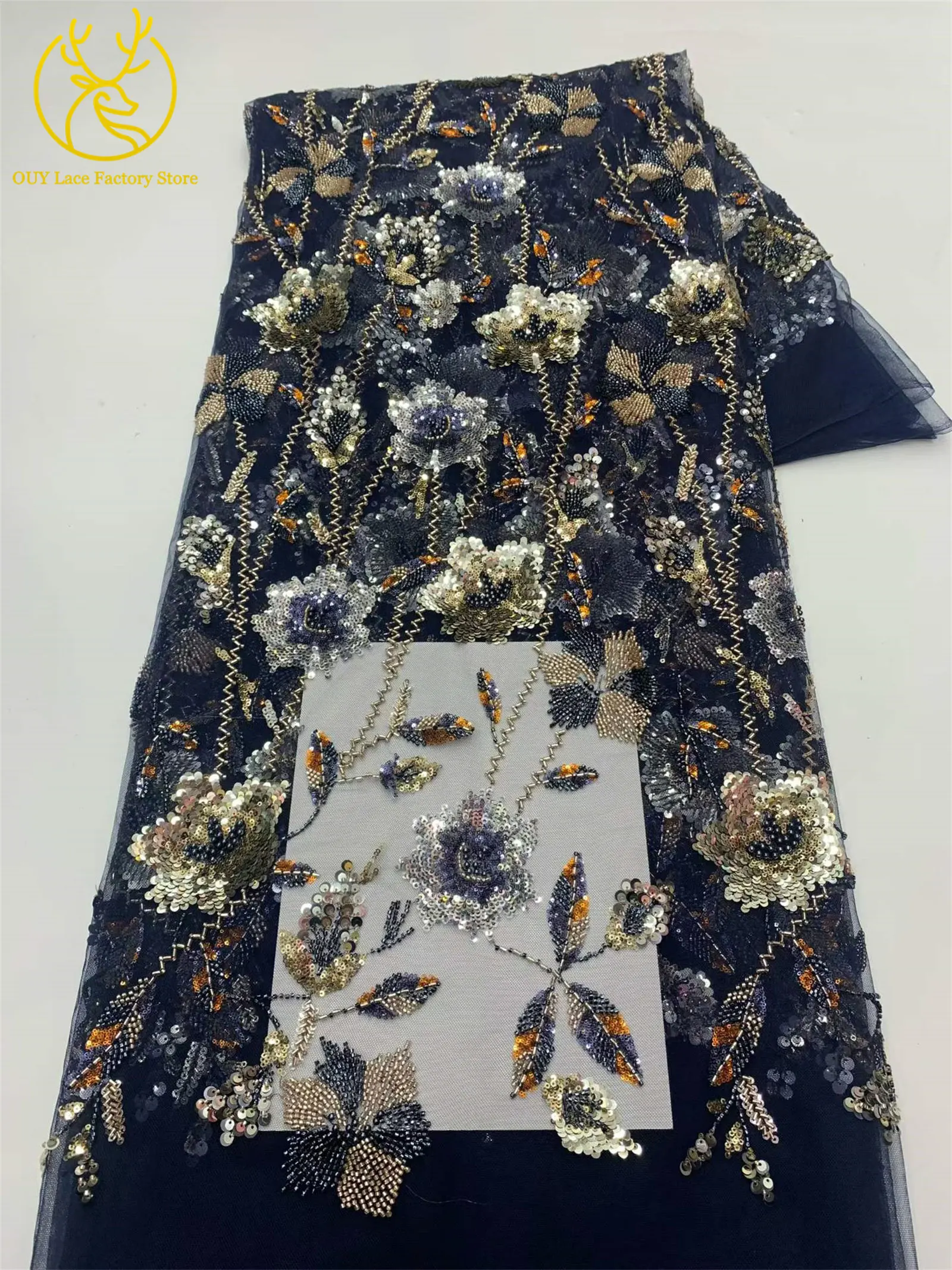 2026 Französische Stickerei Perlenbesetzter Mesh-Spitzenstoff 5 Yards Hochwertiger Afrikanischer Pailletten-Spitzenstoff für Damen Partykleider Nähen – Detail 5