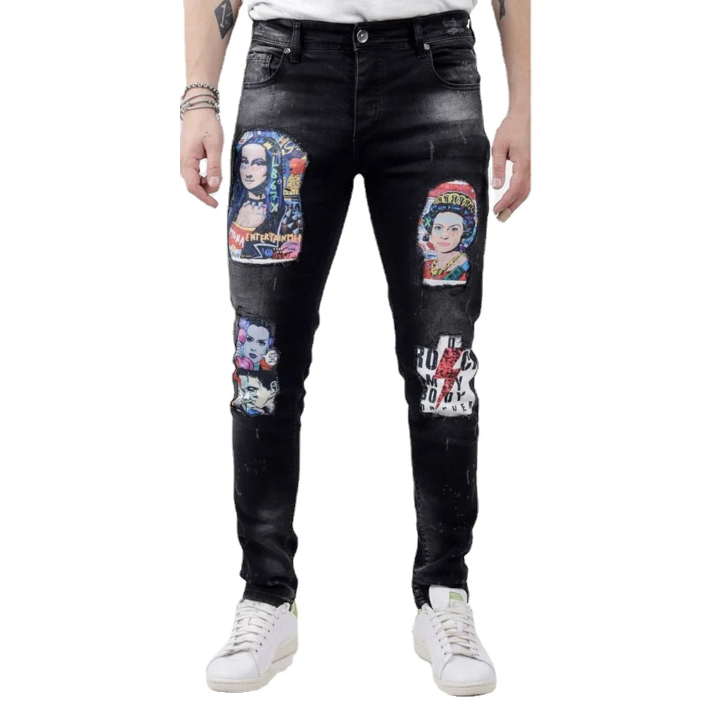 New Men's Jeans Denim Patchwork Pants Frosted Zipper Sports Trend Streetwear Mens Fashion Full Length Trousers