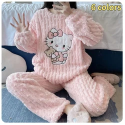 Cute cartoon Hello Kitty coral velvet pajamas for women autumn and winter flannel thickened trousers sweet cartoon cute home clo