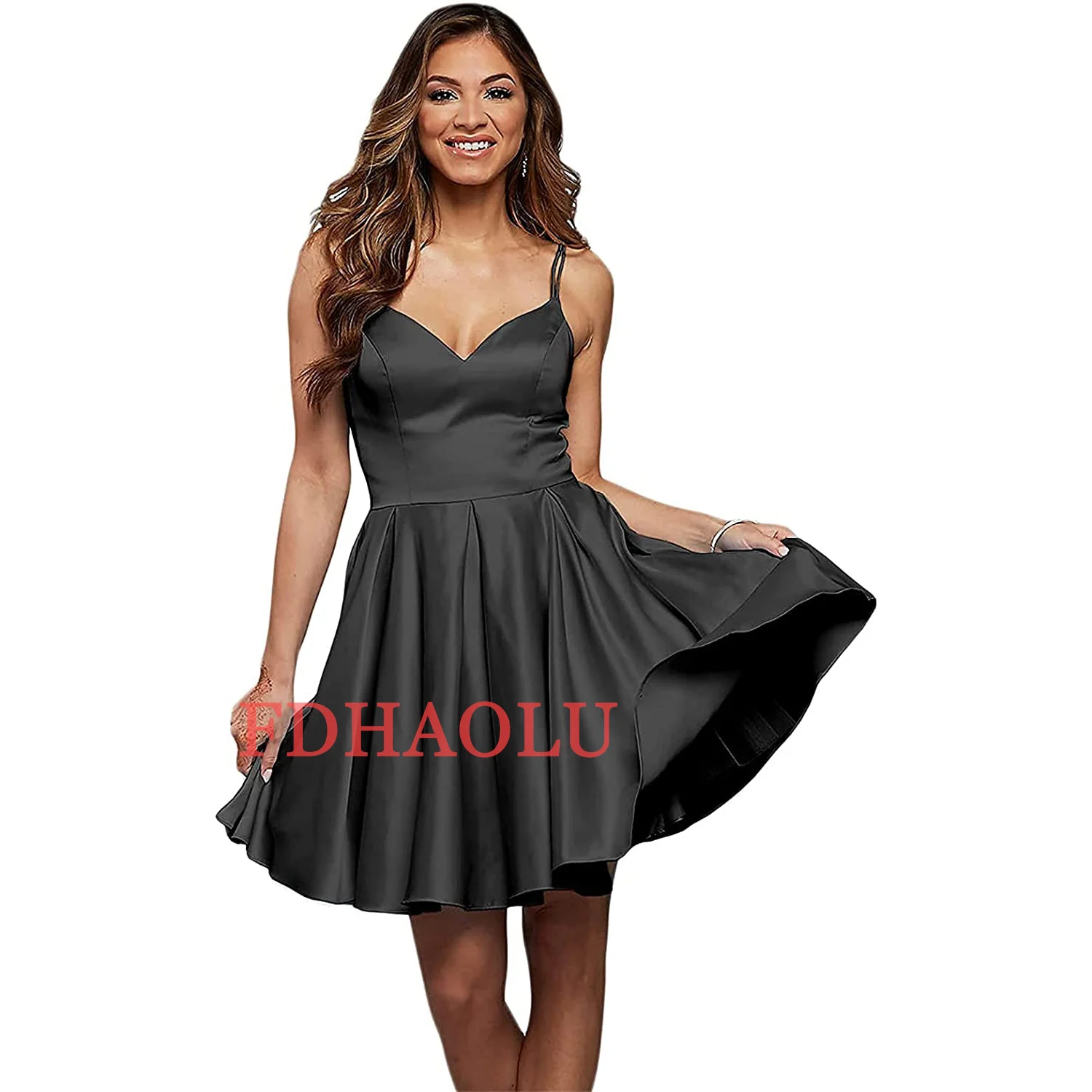 FDHAOLU Shoulder strap homecoming dress Women's youth short satin ball dress Cocktail party dress with pocket RU176