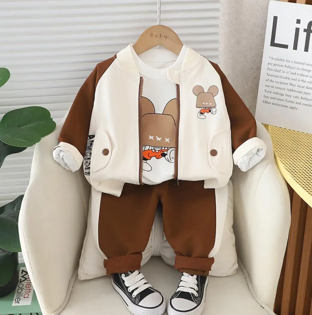 

Children's Fall Casual Baseball Clothing 3Pcs Kids Tracksuits Boys Cartoon Bear Zipper Jackets Shirt Pants Toddler Outfits Set