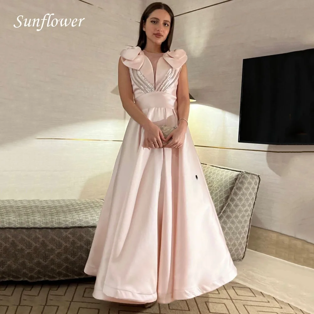 

Sunflower V-Neck Appliques Prom Gowns A-LINE Evening Dress Slim Pleat Satin Party Dress 2023 Ankle-Length High-end Custom