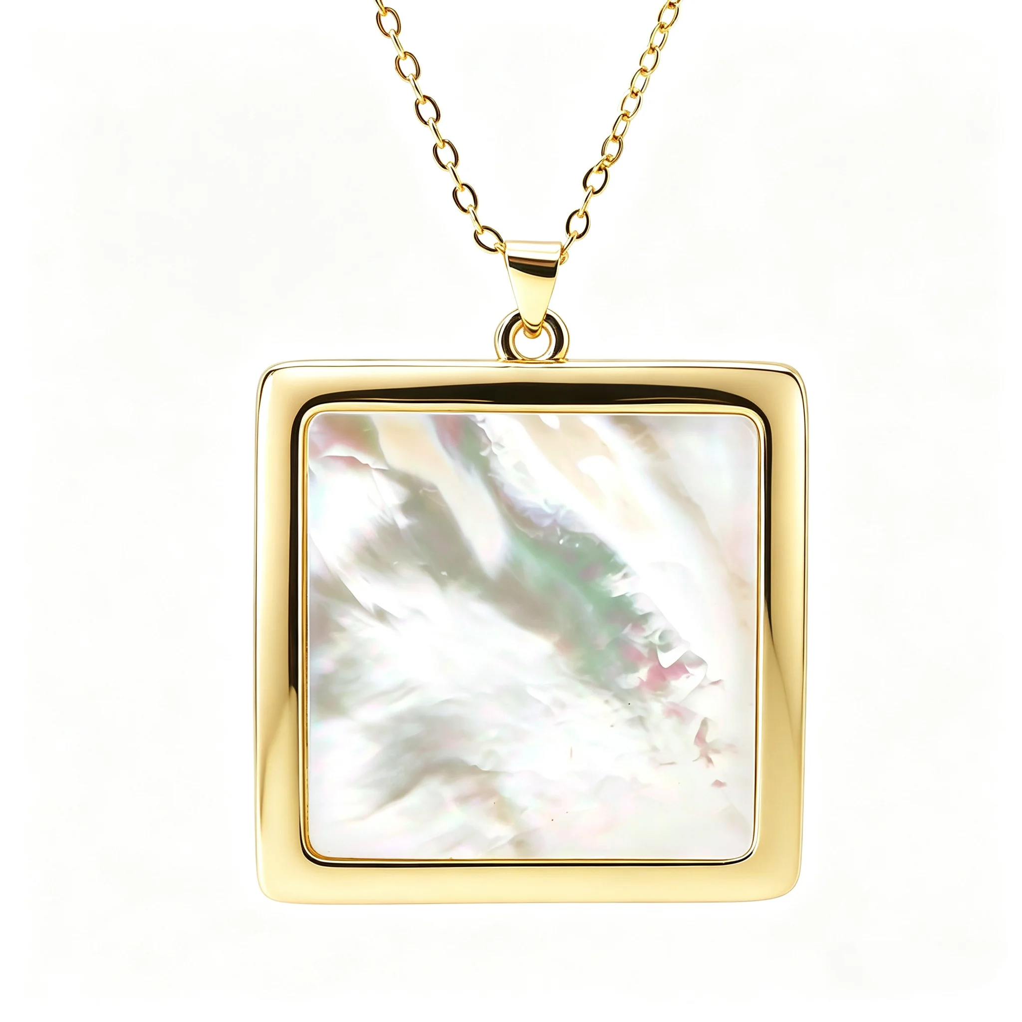 Minimalist Geometric Tag Necklace Gold Plated Copper Inlaid Mother Of Pearl Black Onyx Square Rectangular Pendant Birthday Jewel