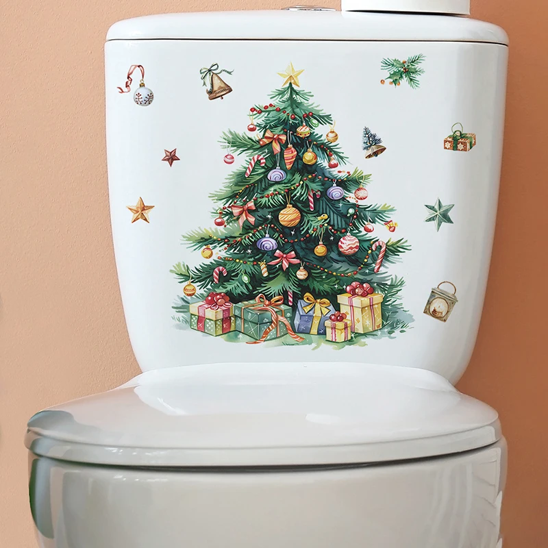 Christmas Tree Snowman Toilet Stickers Self-adhesive Waterproof Door Window Sticker Bathroom Glass Wall Decals Wallpaper Decor