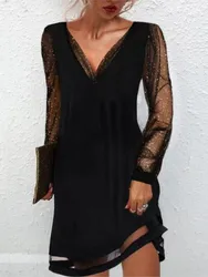 Sexy Deep V-neck Black Mesh Dresses For Women Fashion Sequins Long Sleeve Midi Dress 2024 Autumn Elegant Party Women's Dress