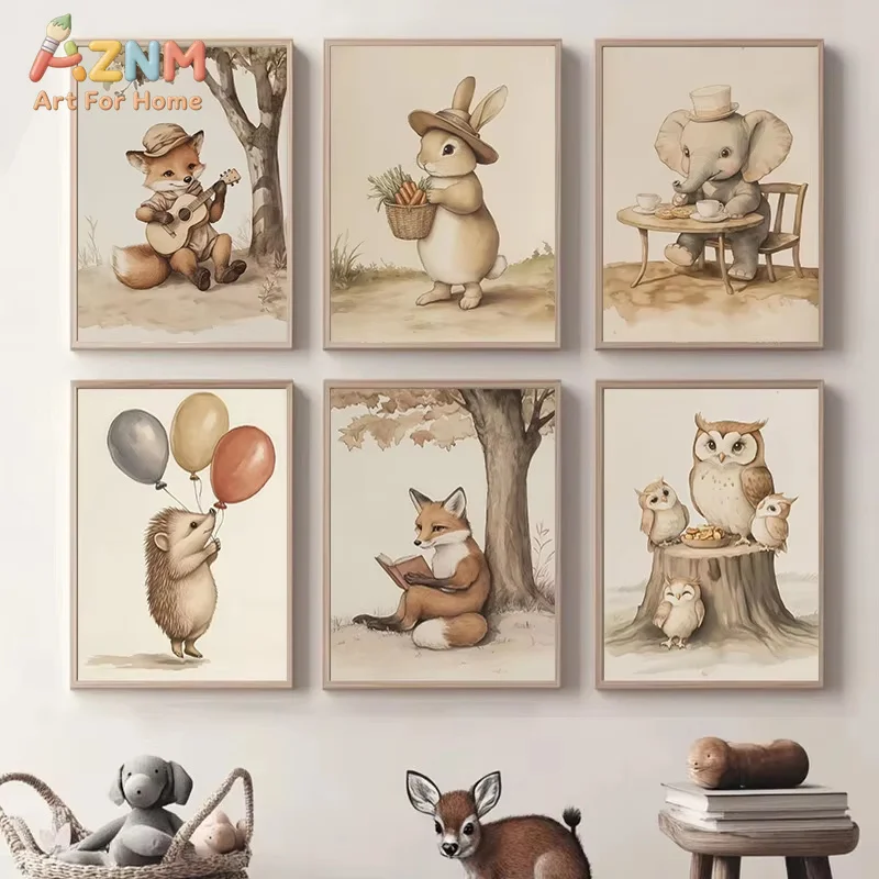 1PC Retro Fox Playing Guitar Reading Penguin Bunny Elephant Dancing Posters Canvas Paintings Prints Wall Art for Home Decor