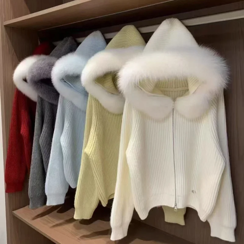 مقنعين انفصال كبير أفخم طوق سترة الخريف الشتاء طويلة الأكمام محبوك رقيق سترة المرأة الجديدة سستة سترة