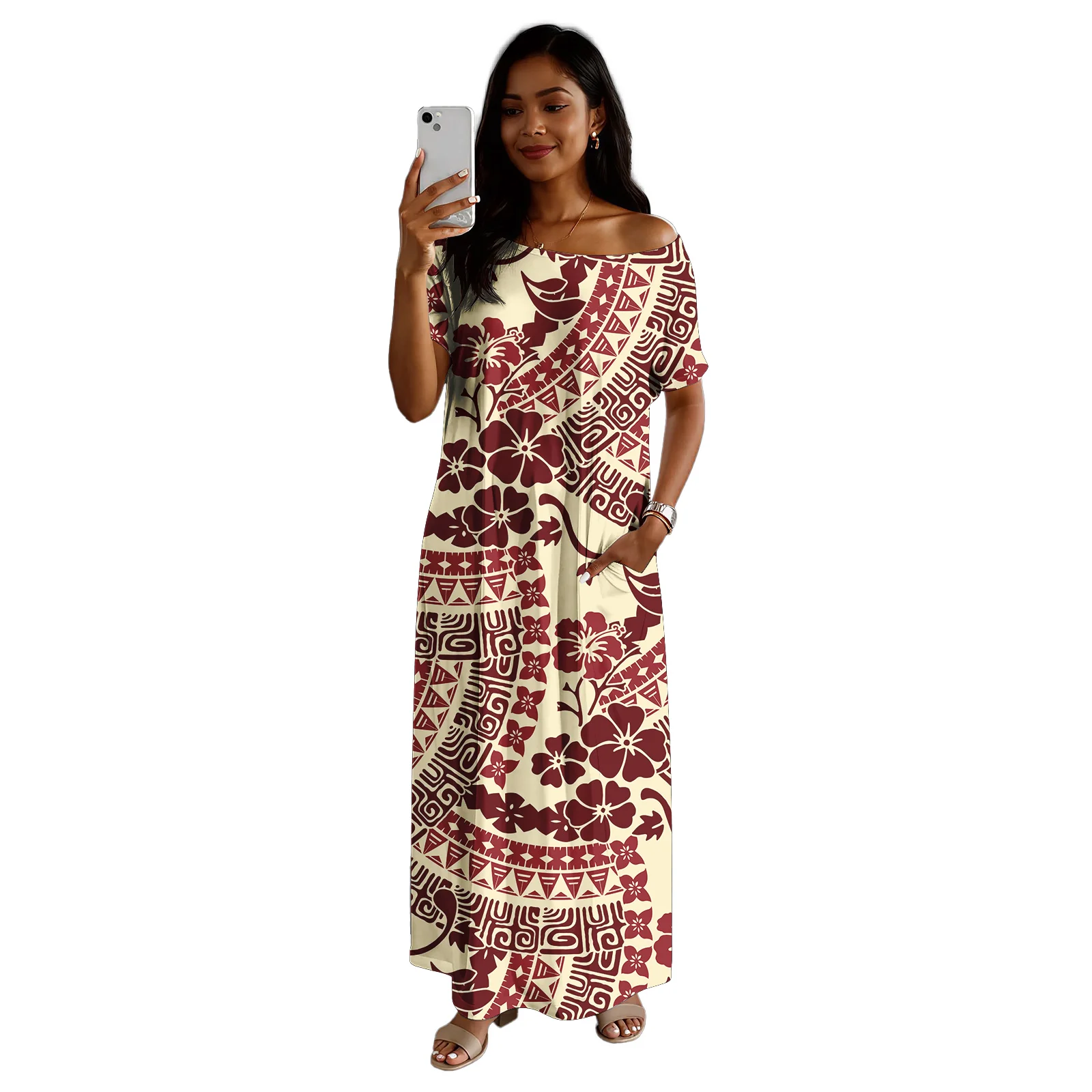 2026년 신상 디자인 맞춤 여성 의류 콜드 숄더 사모아 폴리네시아 캐주얼 여성 스커트 하와이안 여성 비치 드레스