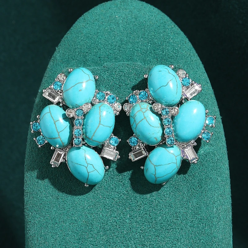 

Vintage Turquoise Earrings With Rhinestone Stud Jewelry For Women Silver Color Bohemia Accessories Luxury Designer 2025 New