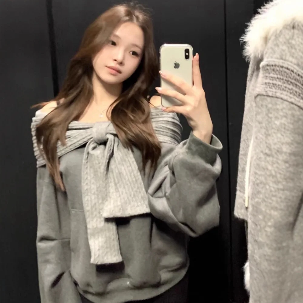 

Shoulder Bared Knitted Hoodie Women's Loose Fit Slimming Top Knot Autumn Winter Thickened Synthetic Fiber Sweatshirt