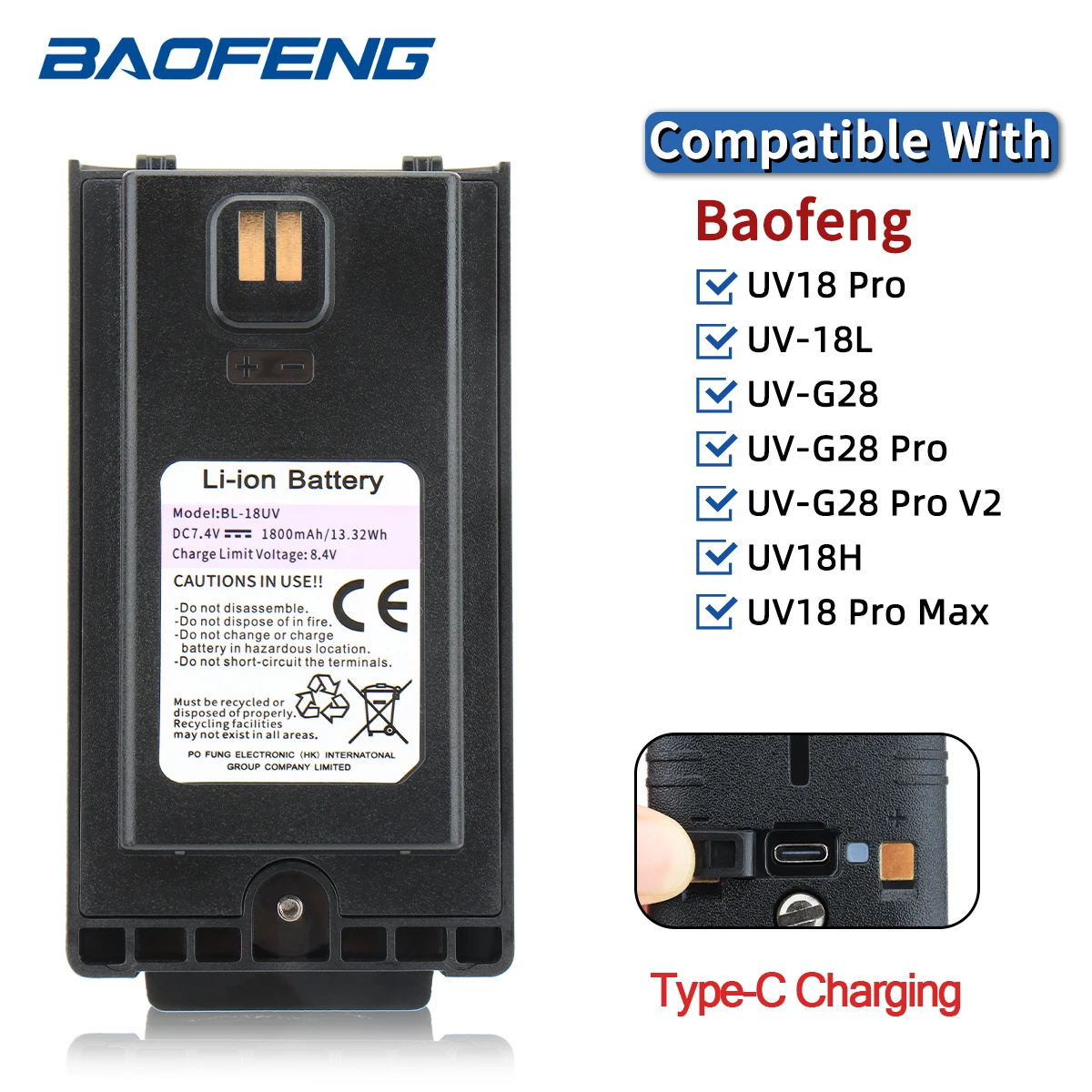 Baofeng UV-18 Pro Li-ion Battery High Capacity Type-C Charging DC7.4V for UV18 Pro Max GPS BF-18L Ham Two Way Radio Battery