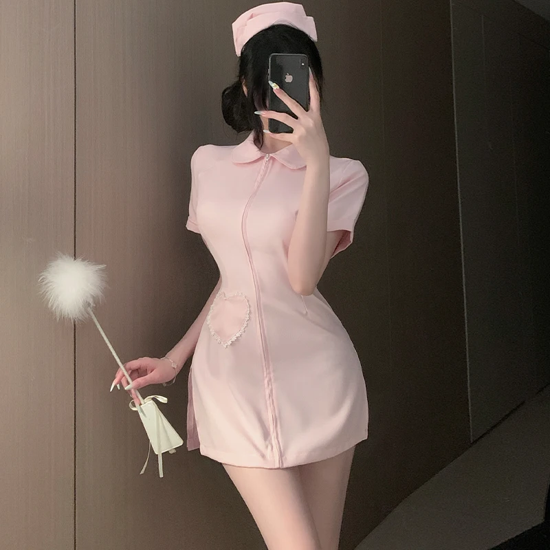 Plus Size Sexy Nurse Cosplay Costume Front Zipper Mini Dress Lace Pocket Side Slit Uniform Women Halloween Party Roleplay Outfit view 6