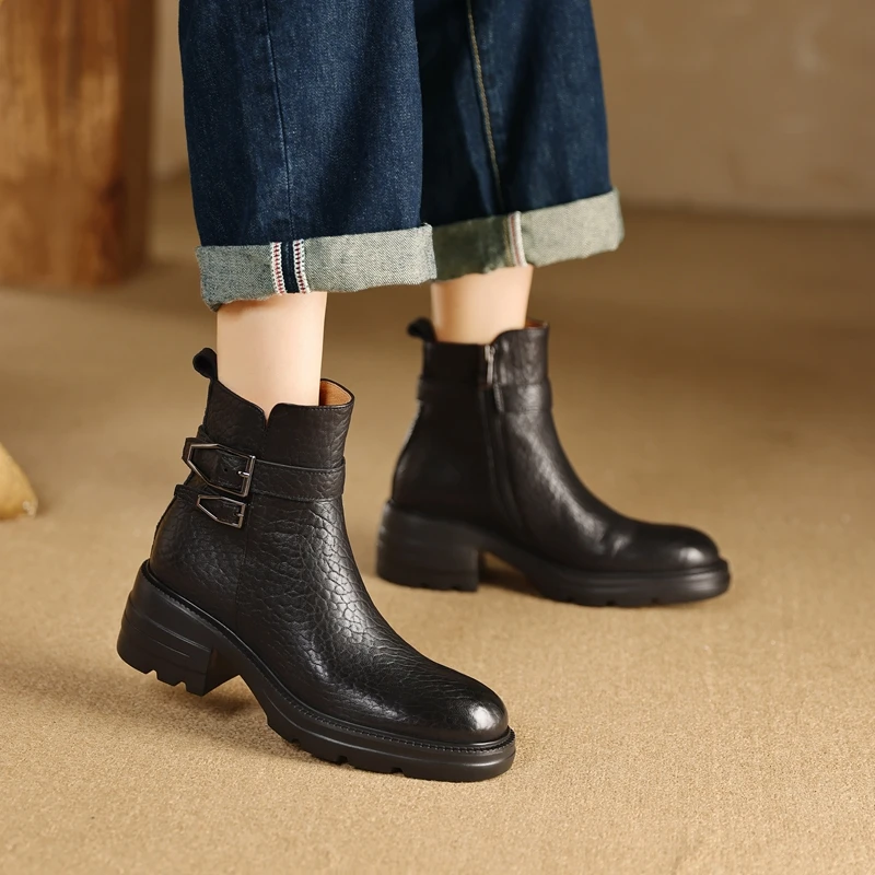 

2025 New Ankle Boots Genuine Leather Shoes for Women Thich High Heels Basic Short Boots Warm Winter Snow Boots Female Shoes