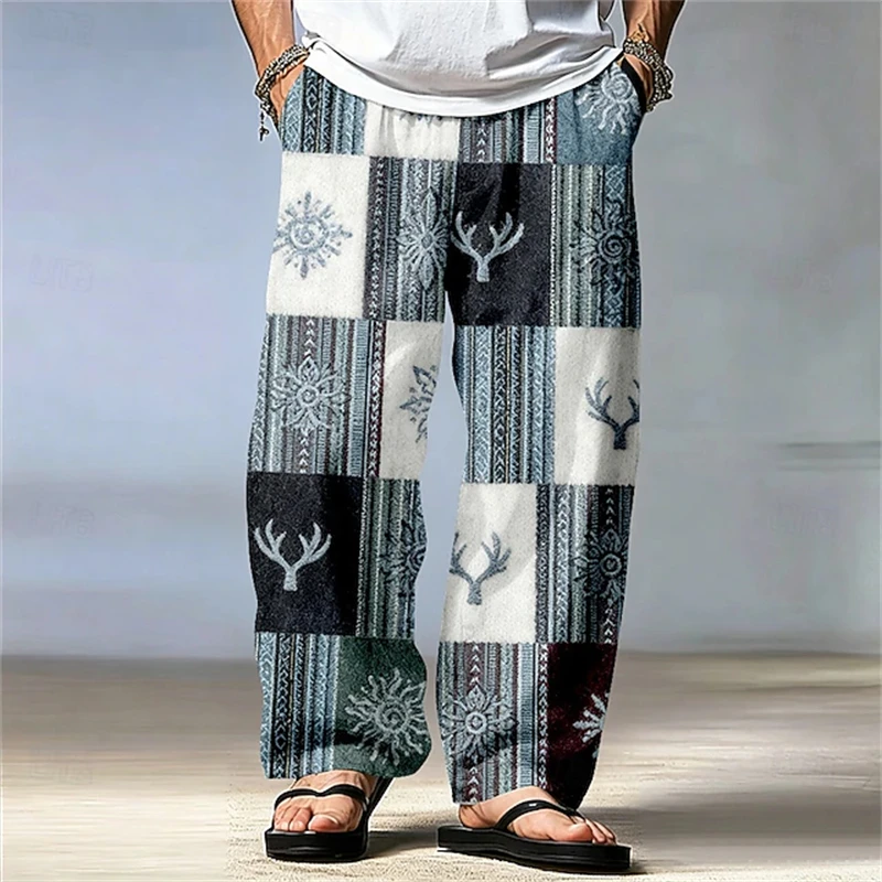 Men's Ethnic-Style Patchwork Print Drawstring Pants Bohemian-Style Casual Pants Loose-Fit Men's Straight-Leg Drawstring Pants