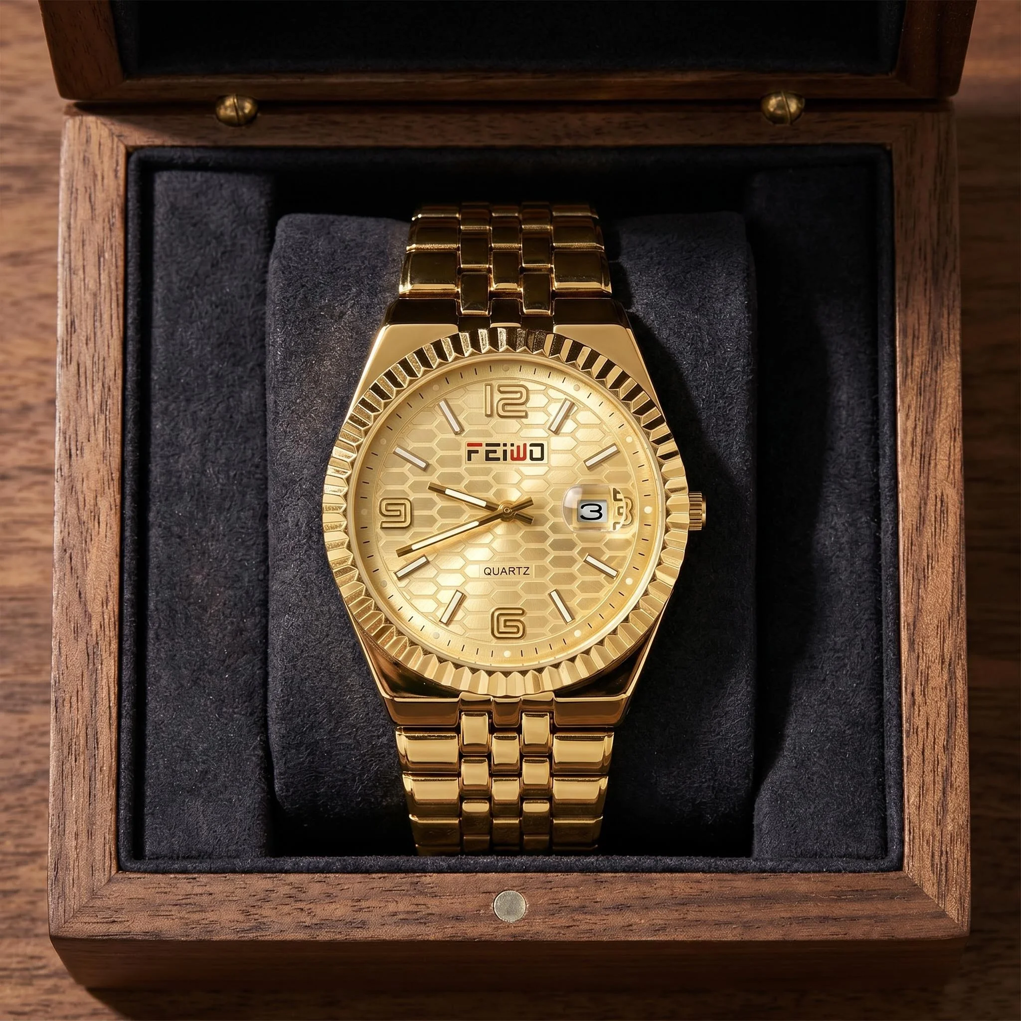A men's quartz watch with a date window and a gold dial, perfect as a birthday gift or Father's Day gift for men