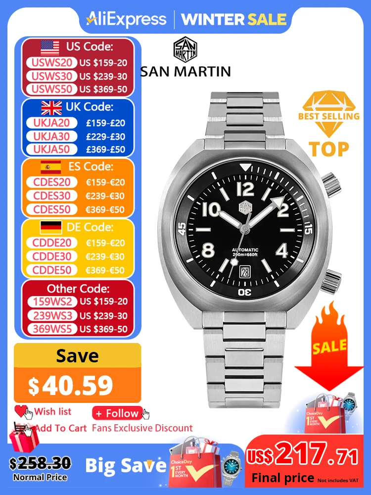 San Martin Men Diving Watch YN55 Button Control Bidirectional Turn Chapter Ring Automatic Mechanical Sapphire Waterproof 200m