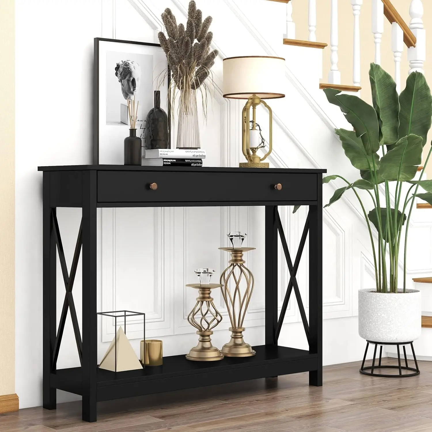 Treocho Black Console Table with Drawer and Storage Shelves, Foyer Sofa Table Narrow for Entryway, Living Room, Hallway