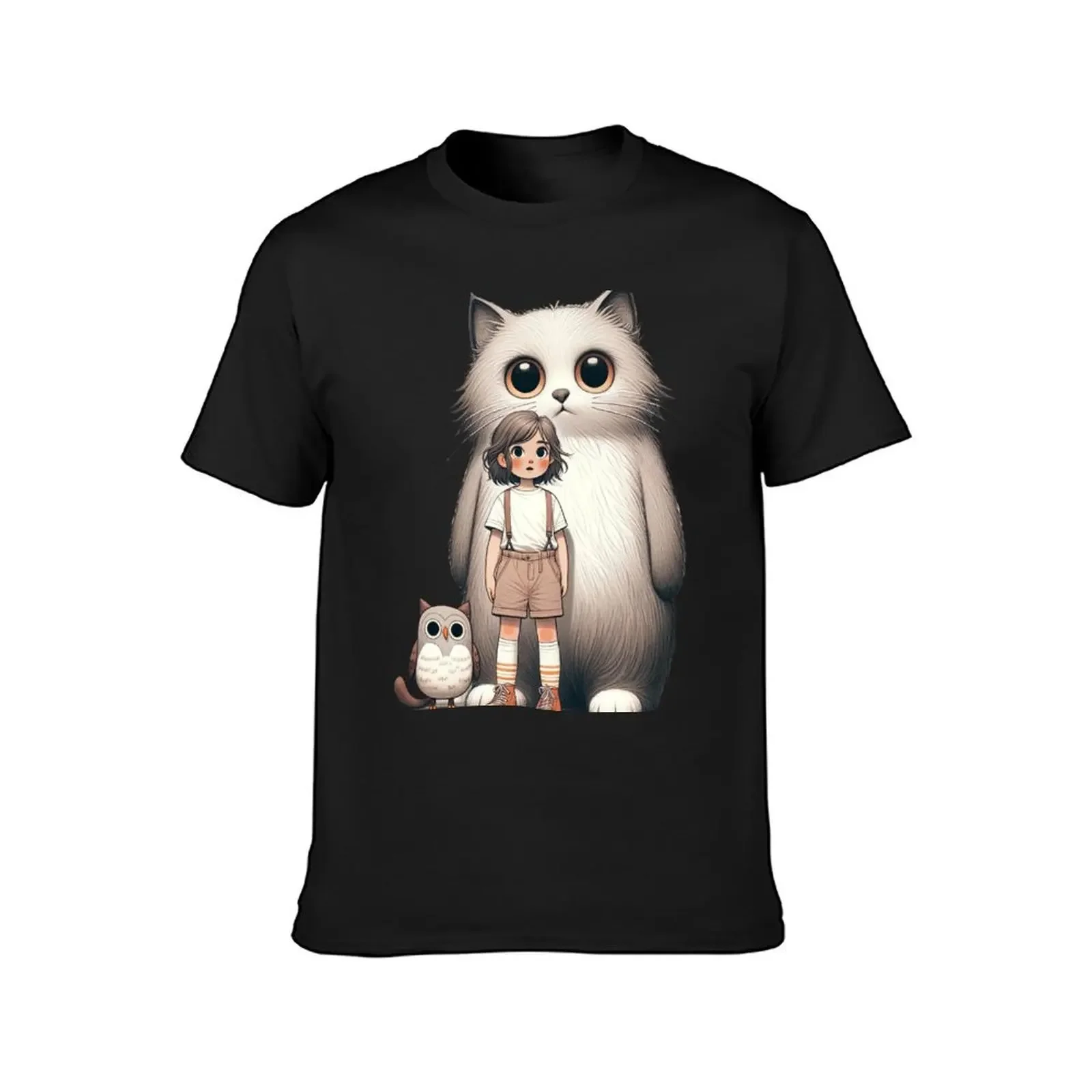 Anime Adventure - Girl with Majestic Cat and Owl T-Shirt anime vintage clothes quick drying mens graphic t-shirts