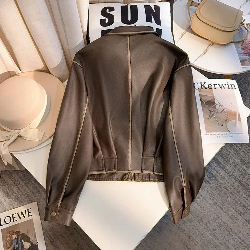 السيدات اللون حجب البيسبول سترة قصيرة الخريف الإناث الترفيه بولي معطف معطف جلد ريترو المرأة موضة فضفاضة فو الجلود أبلى