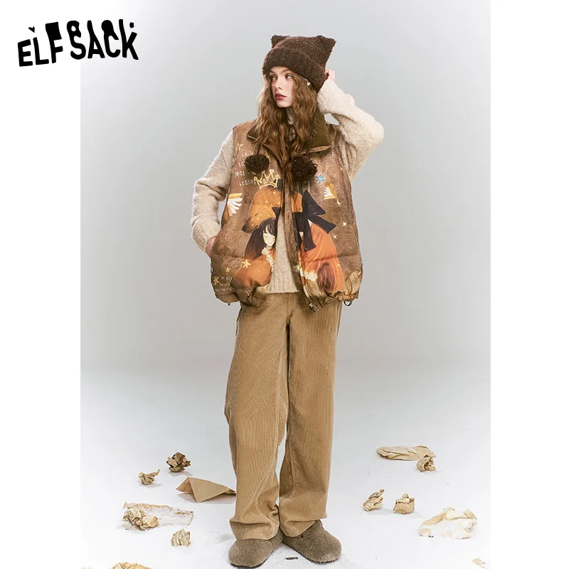 ELFSACK 2024 Winter New Arrivals Original printed retro loose coffee bear warm down vest