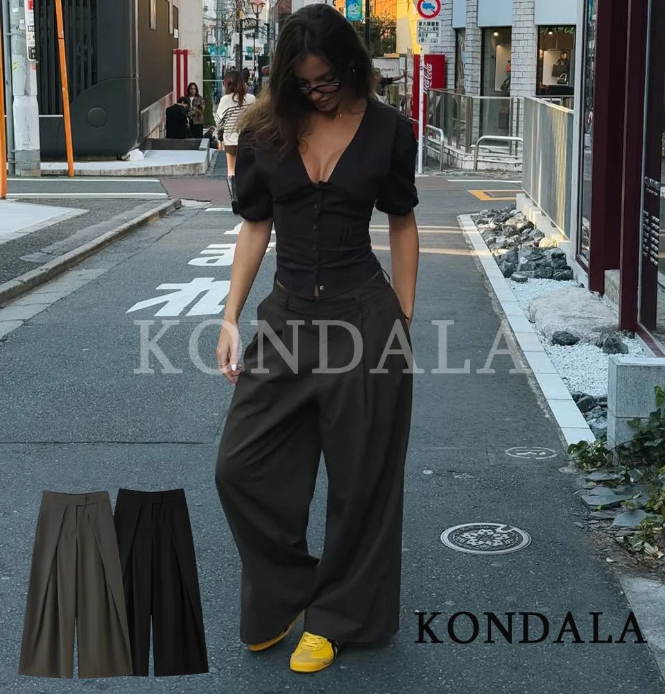 KONDALA Pendeln Gefaltete Breite Bein Hosen Frauen Elegante Vielseitige Hosen 2026 Frühling Mode High Street Trendy Chic Weibliche Hosen