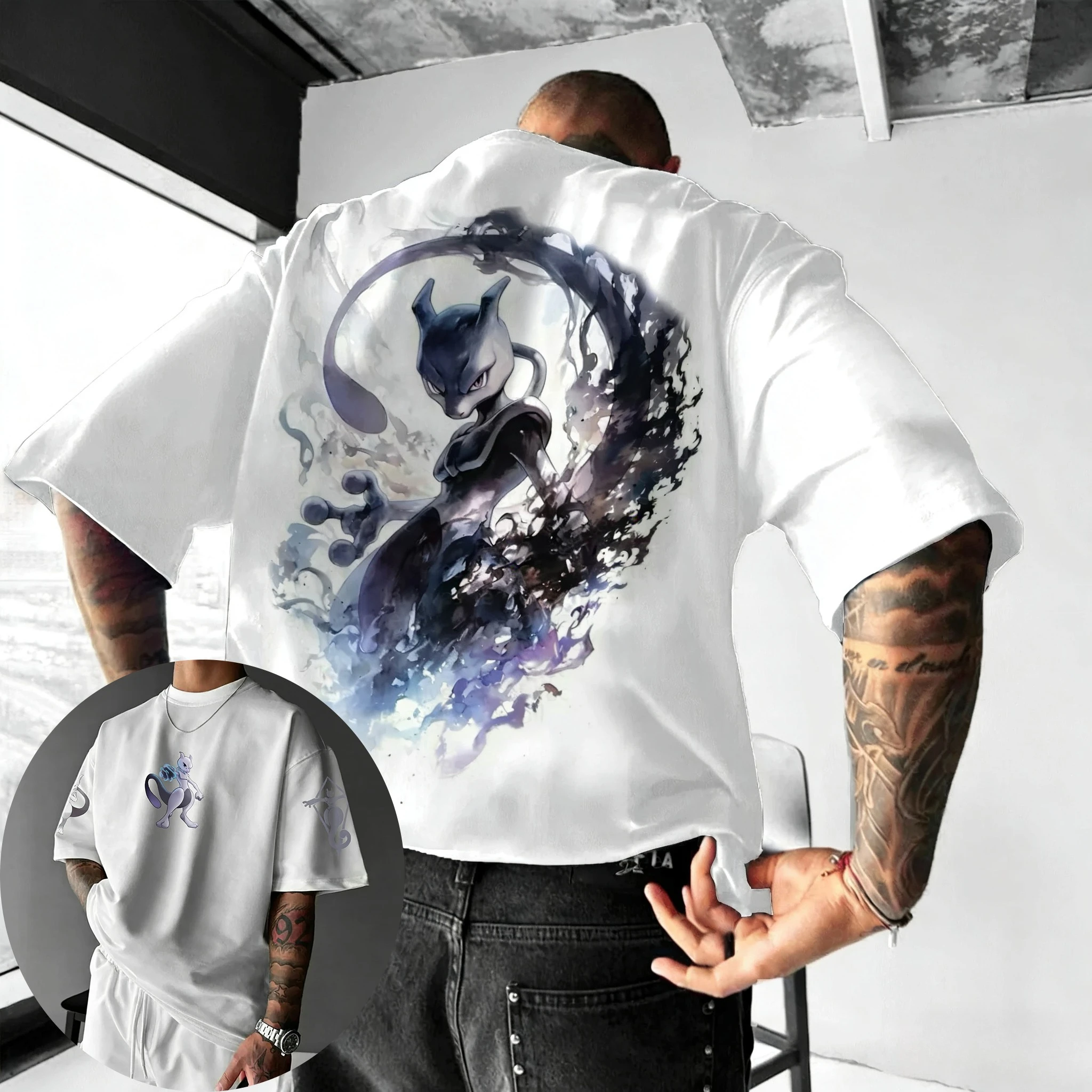 Pokémon Gioco portatile Mewtwo T-shirt in cotone stampato Estate da uomo e da donna Nuova tendenza hip-hop Casual Allentato Y2K Top genitore-figlio