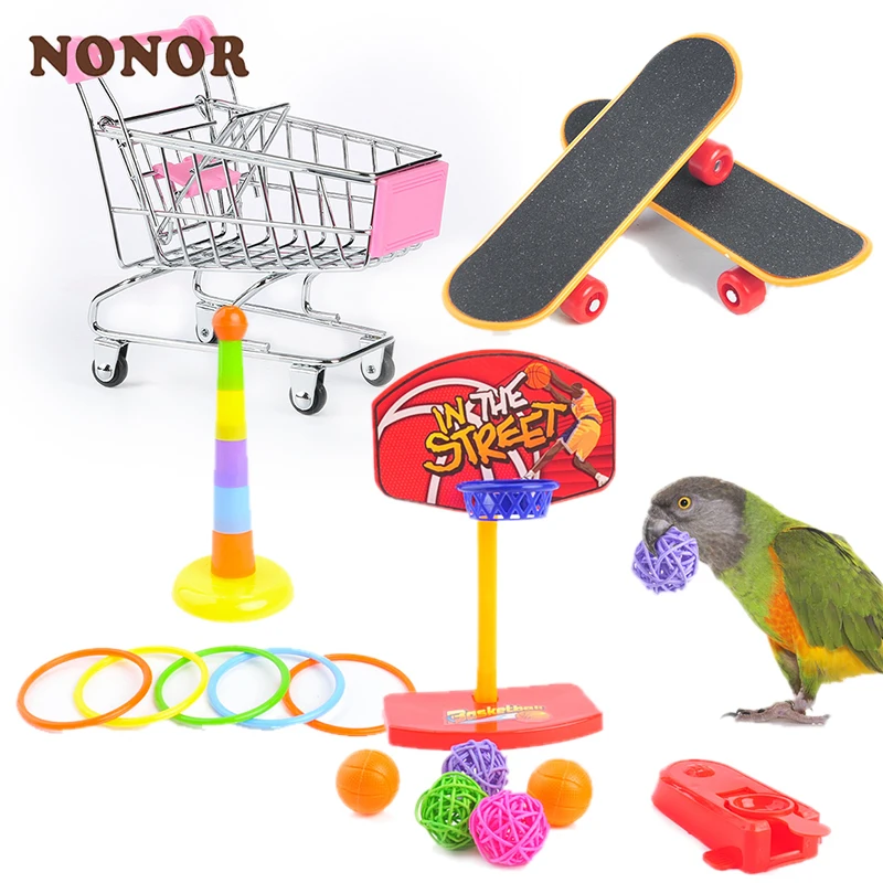 NONOR 1Set Of Training Pet Bird Toy Set Interactive Parrot Equipment Set Funny Bird Activity Toy Pet Bird Basketball Skateboard