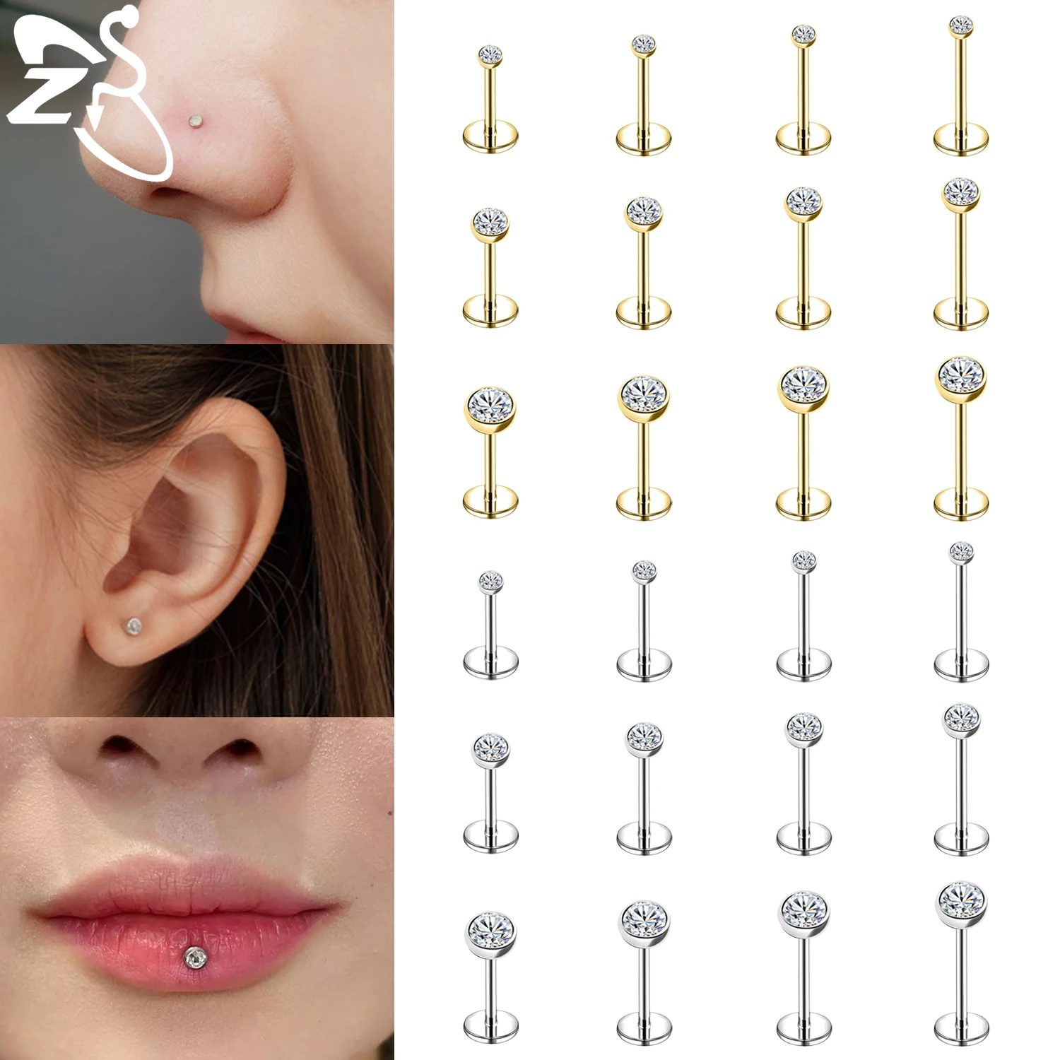 ZS 1 PC Plug-In Style 16/18/20G Stainless Steel Labret Lip Stud Threadless Monroe Piercing Ear Helix Cartilage Piercings Jewelry