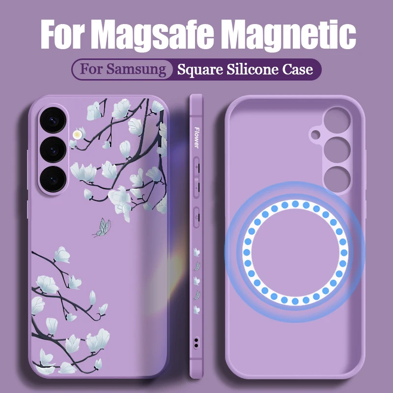 Magnolia Flower Phone Case For Samsung Galaxy S23 S24 S22 S21 Ultra Plus S20 S23 FE Magnetic For Magsafe Wireless Charge Cover