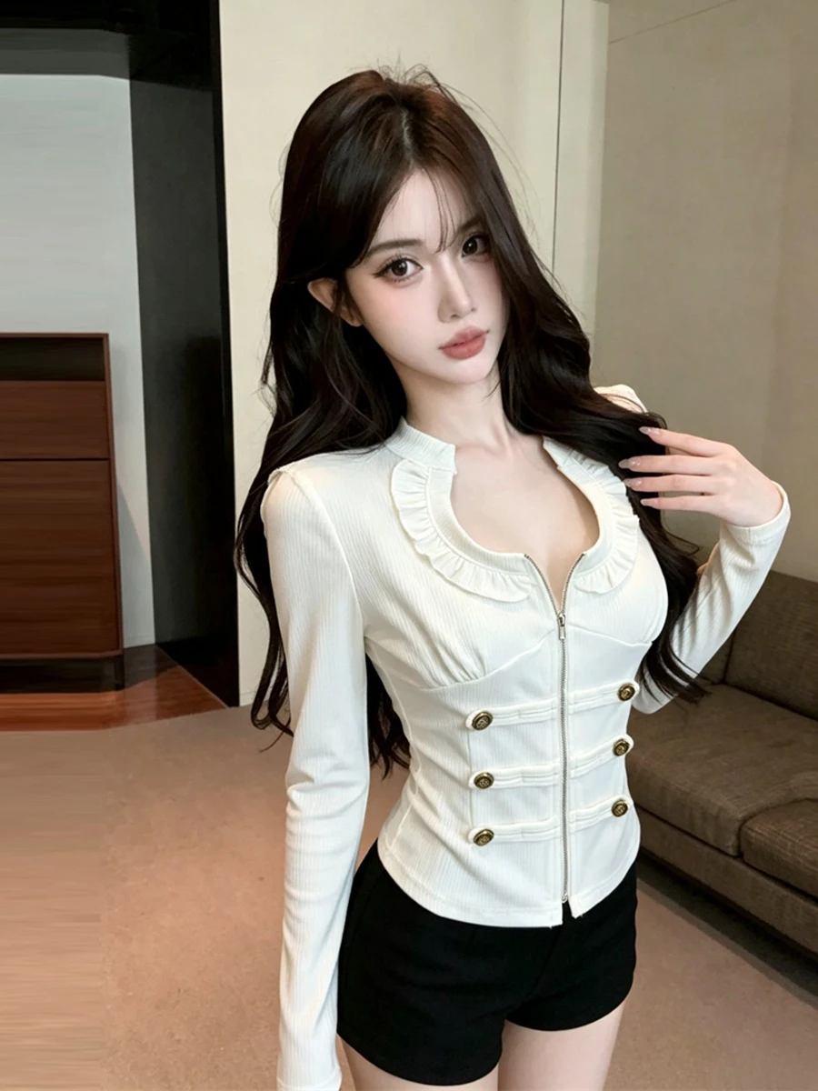 Korean Style Long Sleeve U-Neck Zipper Design Slim Fit T-Shirt Vintage Spicy Girl Outerwear Versatile Slimming Top