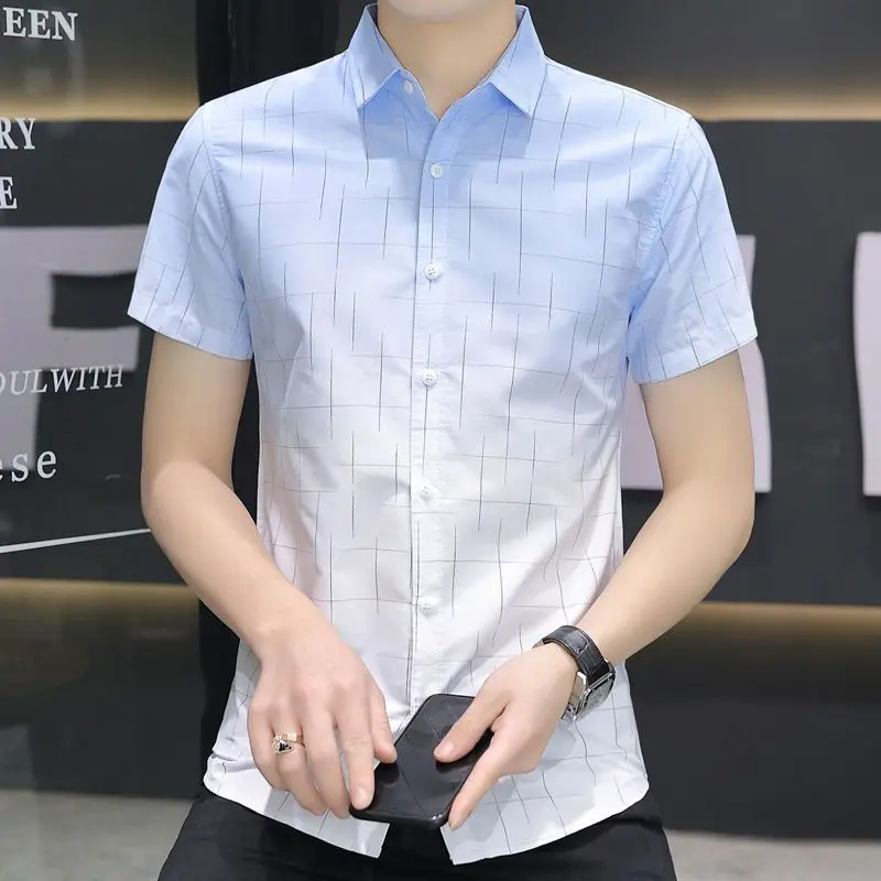 Men's Iced Silk Short Sleeve Shirt Summer Ultra Thin Gradient Color Casual Button Down Collar Half Sleeve Shirt Versatile