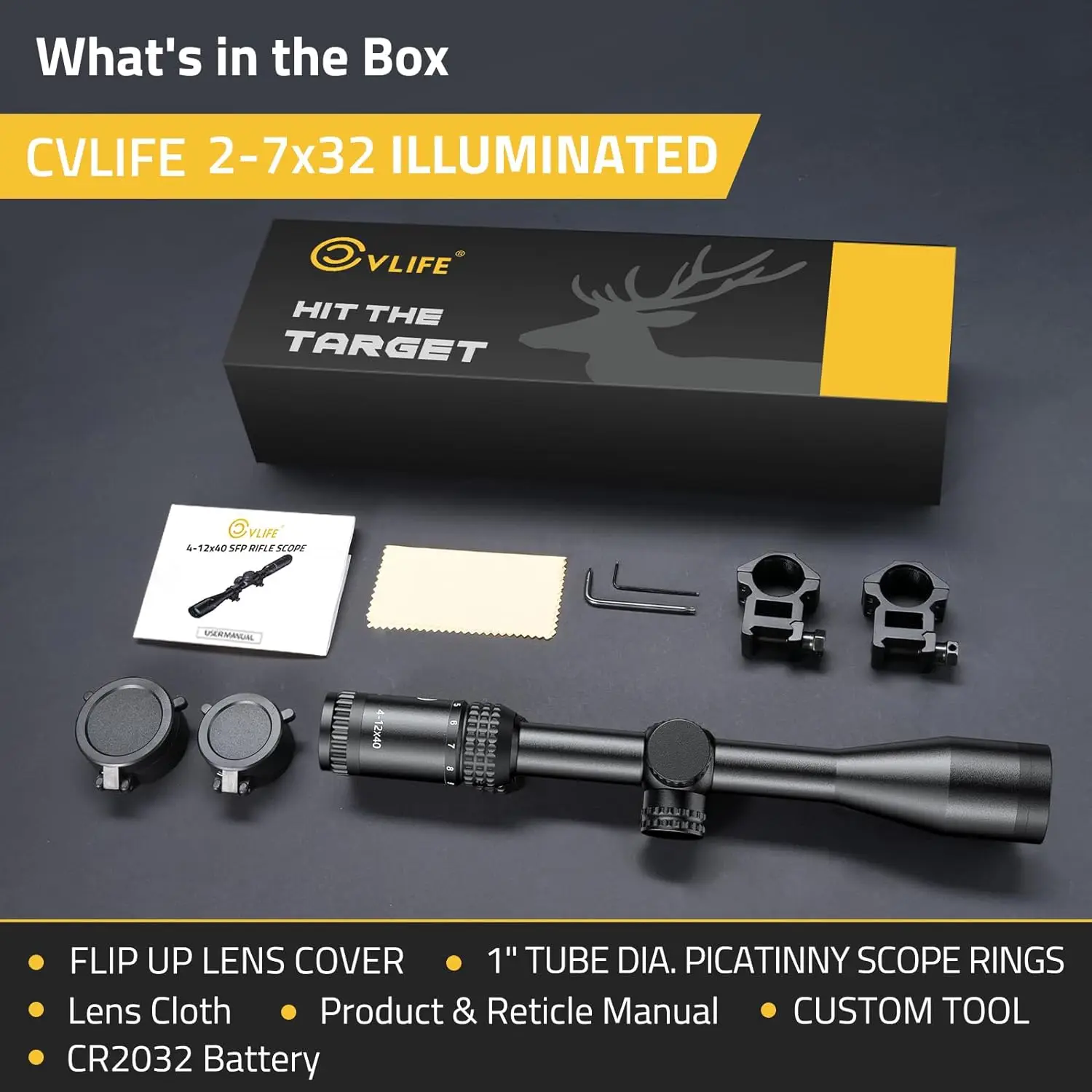 Tube SFP 2-7x32 Rifle Scope JackalHowl F02 Illuminated Crosshair Reticle Red Green Dot 20mm Rings Second Focal Plane