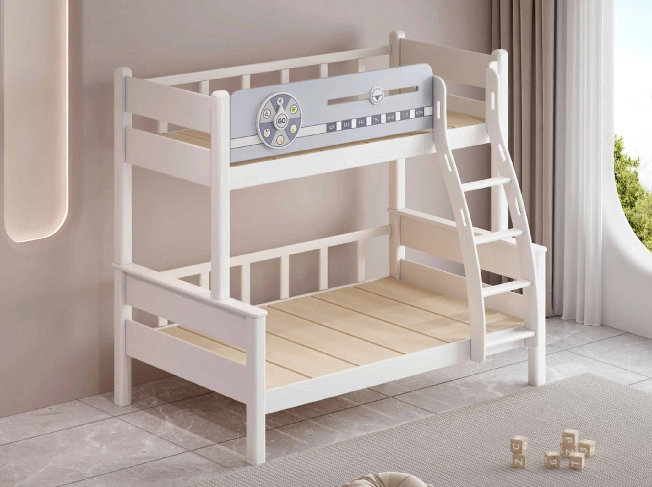 Wood Simple Style Children's Bedroom Bunk Bed, White, Sky Blue 1.5*1.9m Mother-in-law Bed