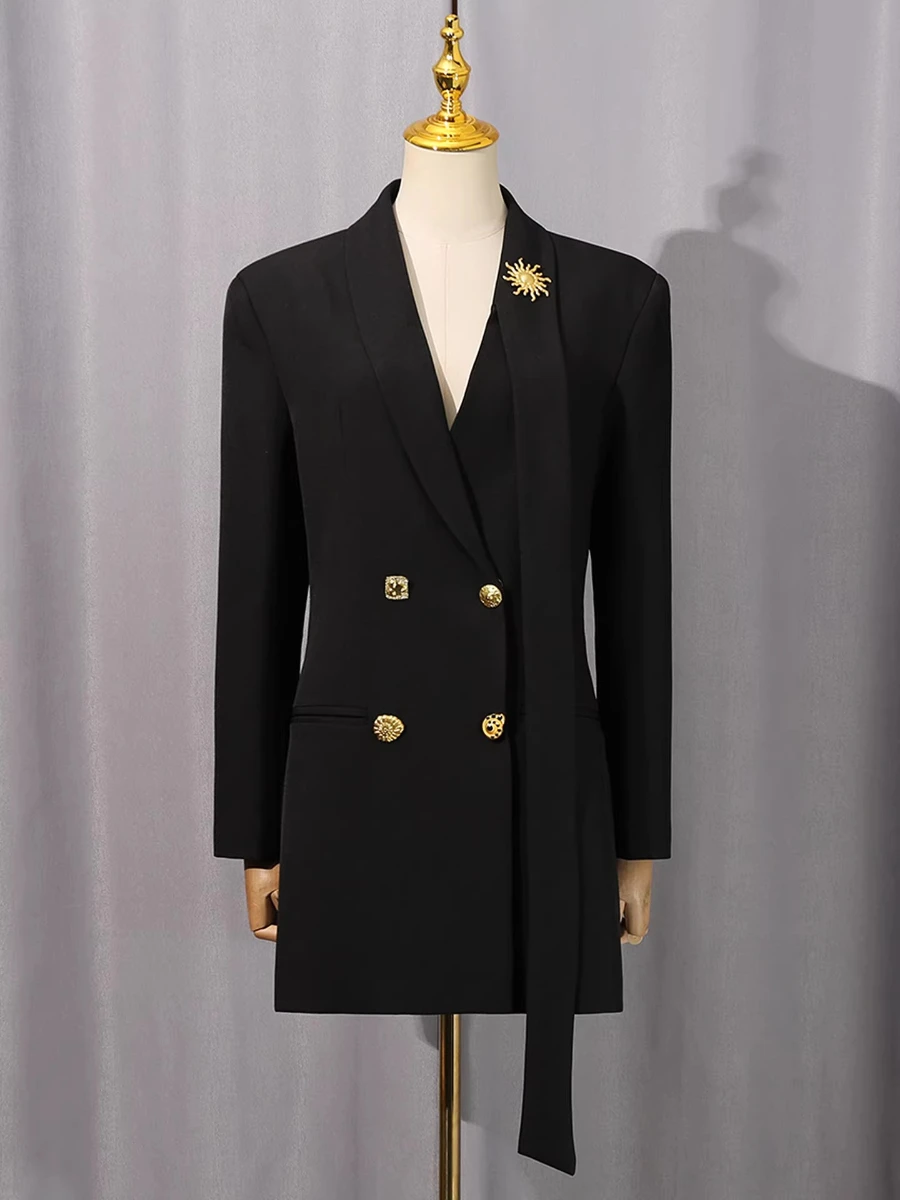CHICEVER Solid Slimming Spliced Metal Buttons Fashion Blazer for Women Lapel Long Sleeves Patchwork Ribbon Blazers Female New