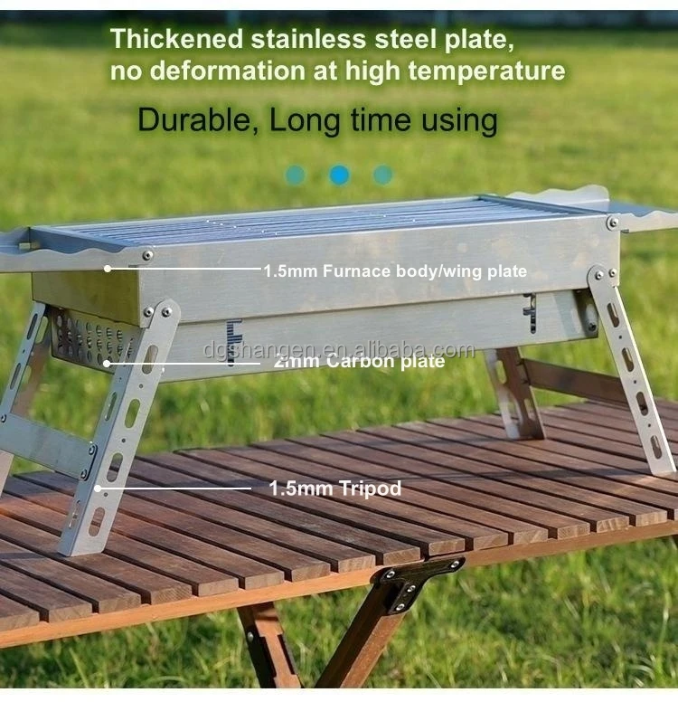One-Stop-Manufacture Stainless Steel Portable Charcoal BBQ Grill Adjustable Height Folding Design Flame Safety Device for