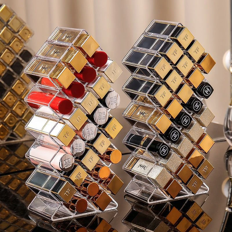 Stackable Fishbone Lipstick Storage Device Transparent 10/16 Grid Inclined Slot Display Shelf Lip Color Lipstick Makeup Shelf