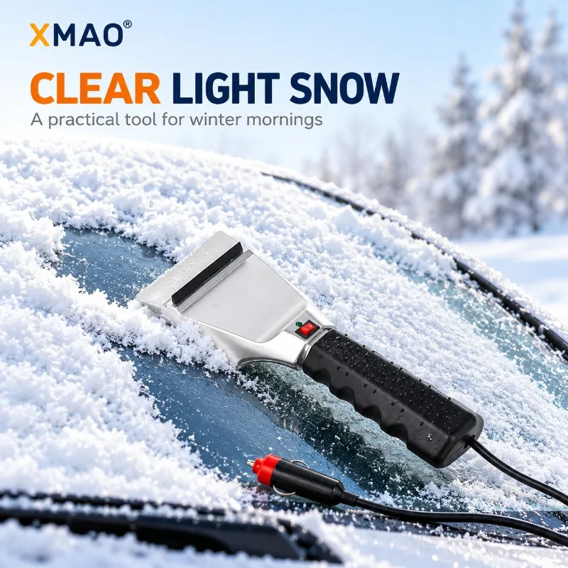 XMAO 12V Electric Heated Ice Scraper for Car Glass, Winter Snow and Frost Removal Tool with Rubber Squeegee and 180cm Power Cord