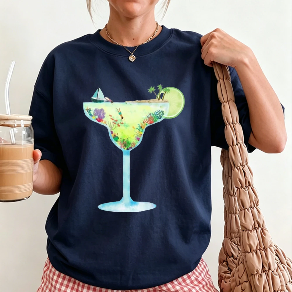 Hand Drawn Margarita Cocktail Glass Lime Island Decor Print Women Cotton T Shirt Summer Holiday Beach Bar Drink Aesthetic Tees