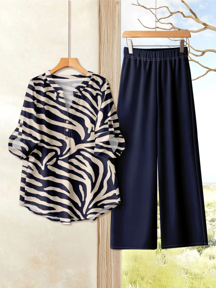 

Autumn New Print Casual Woman 2 Piece Set Outfit Fashion V Neck Button Elegant Loose Office Party 2 Pieces Set For Woman